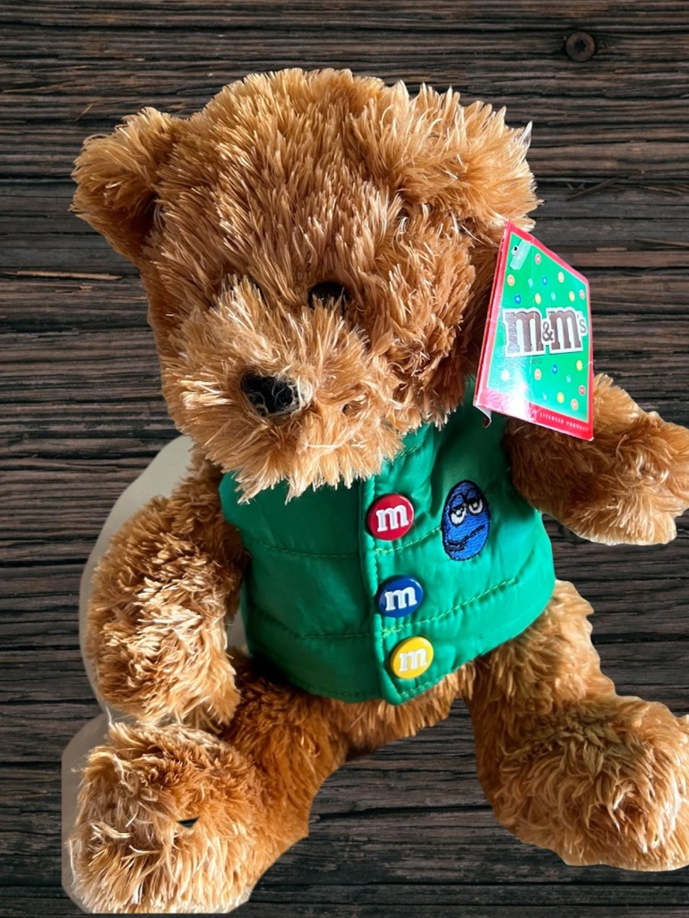 M&M'S Candy Collectable Vintage Teddy Bear features Green Vest with M&M Trim